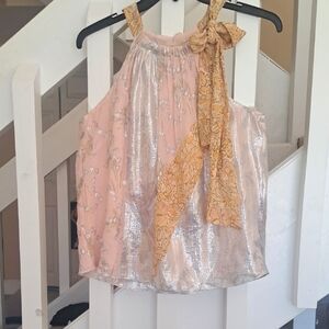 Rebecca Taylor Pink  Silver Sleeveless  Floral Metallic Blouse Attached Bow XS